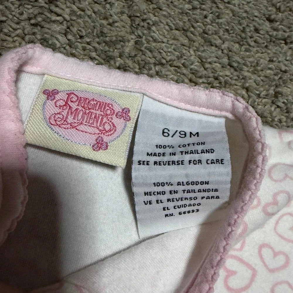 Vintage Precious Moments Baby Romper Bib Set 6/9M Pink Hearts Ruffle Bunny